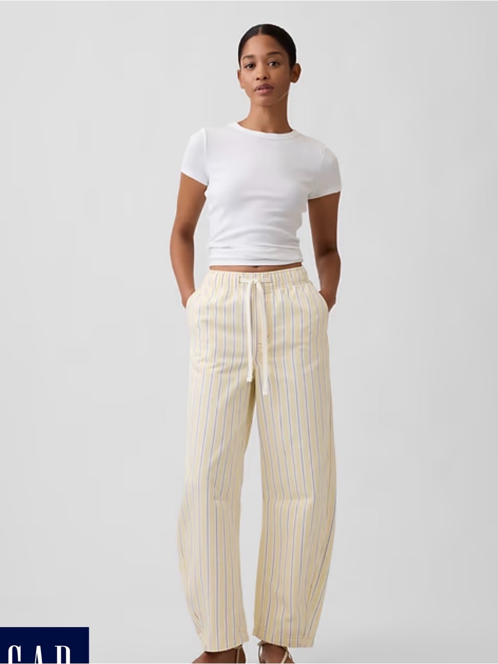 Relaxed Drawstring Stripe Wide-Leg Pants - Cream/grey